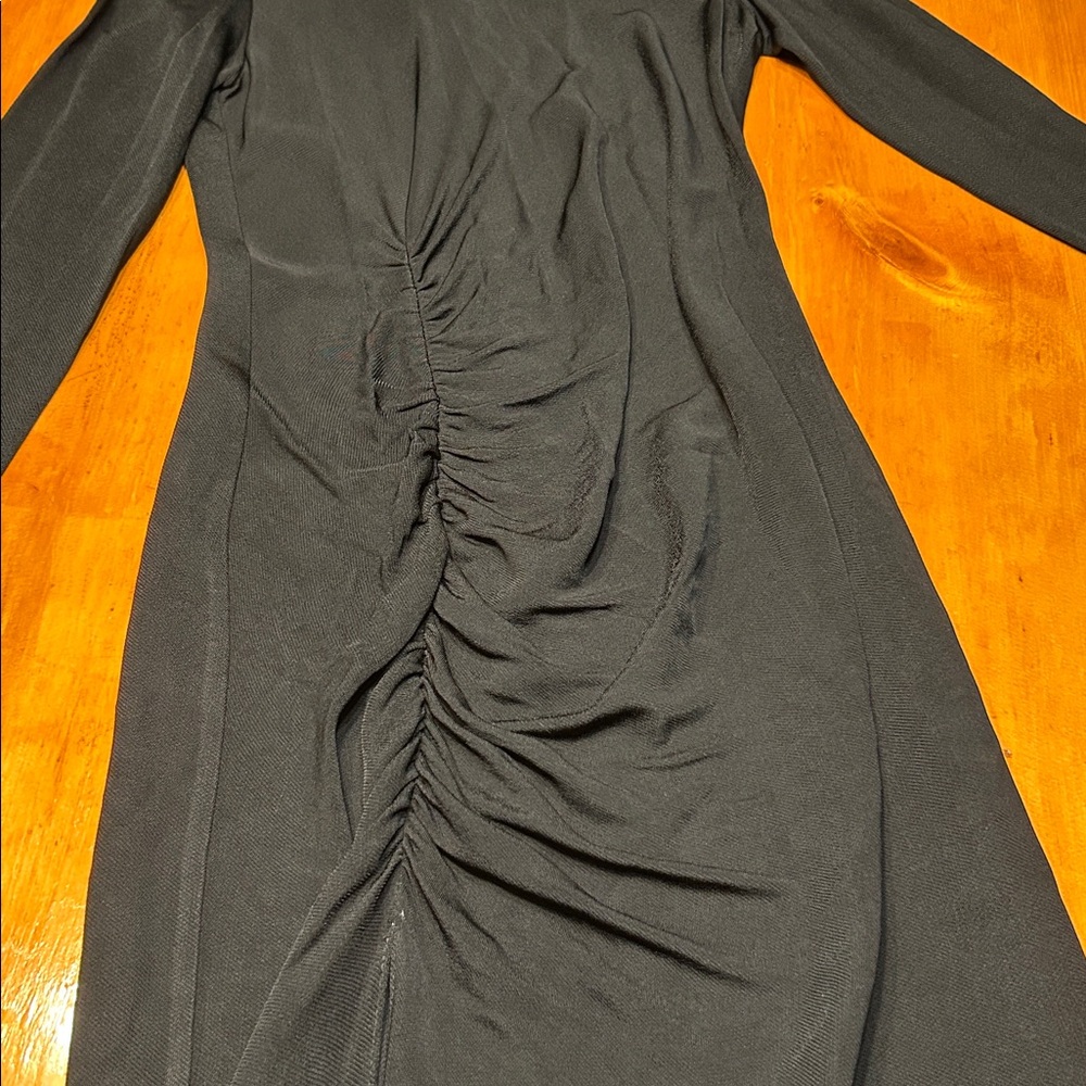 Zara Black Draped Sheath Long Sleeve Ruched Mock Neck Dress with Side Slit Glam - Picture 13 of 14